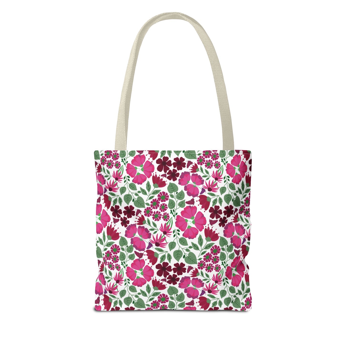 Pink Lady Tote Bag features an all-over floral print with pink and magenta flowers, green leaves, and off-white handles, embodying FireBrook Designs' joyful, stylish essence for everyday use.