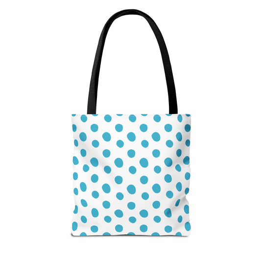 Light Blue Tote Bag with blue dots, featuring black handles and reinforced stitching for durability. Available in three sizes, this 100% polyester bag combines practicality and style for everyday use.