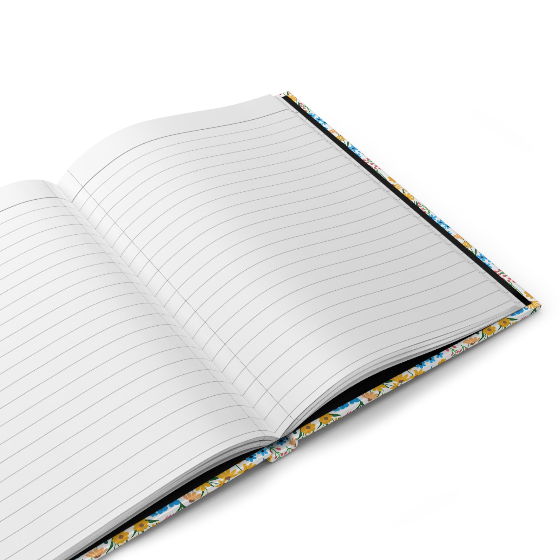 HARDCOVER JOURNAL, MATTE, RULED, 5X7, SEWN BIND, CLEAN-TEAR PAGES – WILDFLOWER MEADOW MIX features open, lined pages with a vibrant floral cover, perfect for capturing thoughts and inspirations.