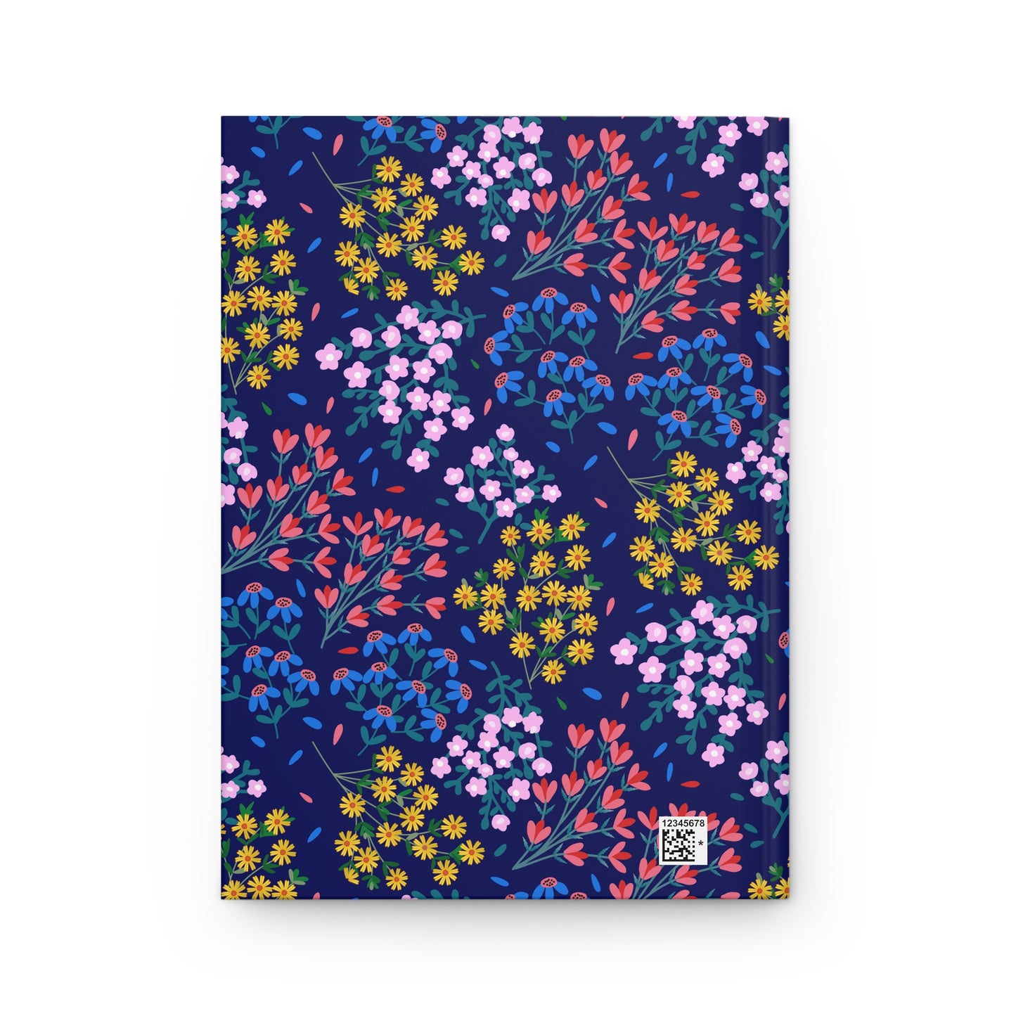 HARDCOVER JOURNAL, MATTE, RULED, 5X7, SEWN BIND, CLEAN-TEAR PAGES – MIDNIGHT BLOOM features a floral-patterned cover with daisies and buds, finished with a small barcode, embodying FireBrook Designs' uplifting style.