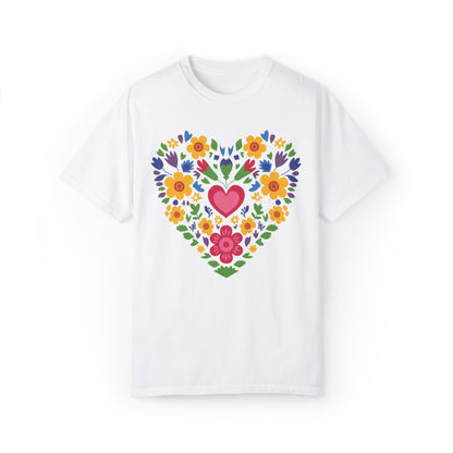 Hearts Bella+Canvas Unisex T-Shirt showcasing a heart-shaped floral design. This comfortable, stylish tee from FireBrook Essentials embodies positivity, ideal for casual wear or special occasions.