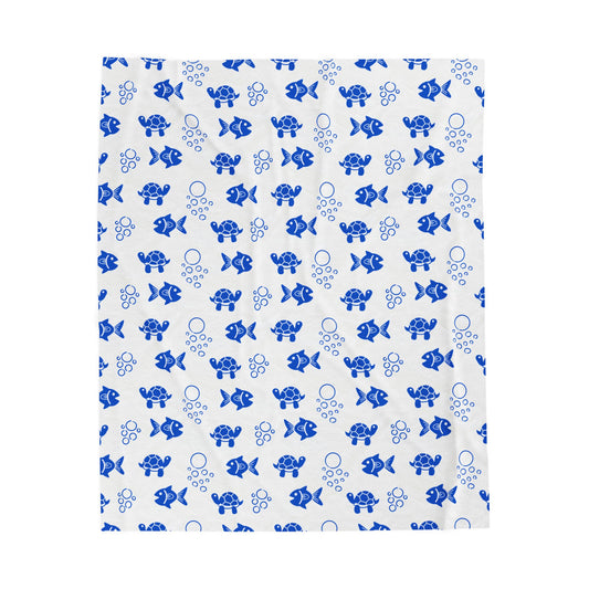 Fish and Turtle Sealife Velveteen Plush Blanket, featuring a soft and cozy texture, perfect for adding warmth and a personal touch to any home. Available in multiple sizes.
