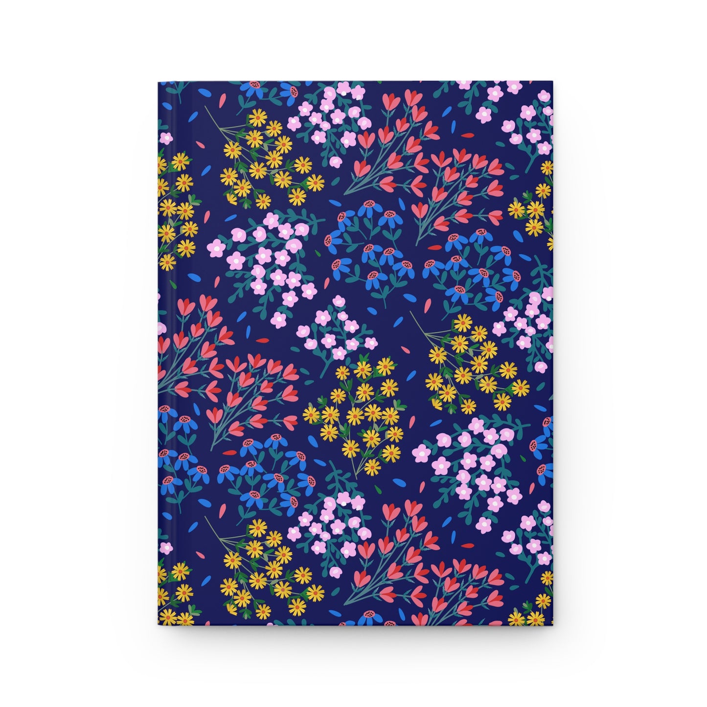 HARDCOVER JOURNAL, MATTE, RULED, 5X7, SEWN BIND, CLEAN-TEAR PAGES – MIDNIGHT BLOOM features a navy cover with vibrant floral patterns, enhancing its stylish, joyful essence from FireBrook Essentials.