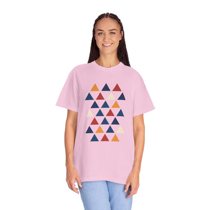 Geometric Triangle Grid T-Shirt showcases a minimalist design with double-needle stitching, featuring a grid of equilateral triangles. Crafted from 100% US cotton, it combines style and comfort seamlessly.