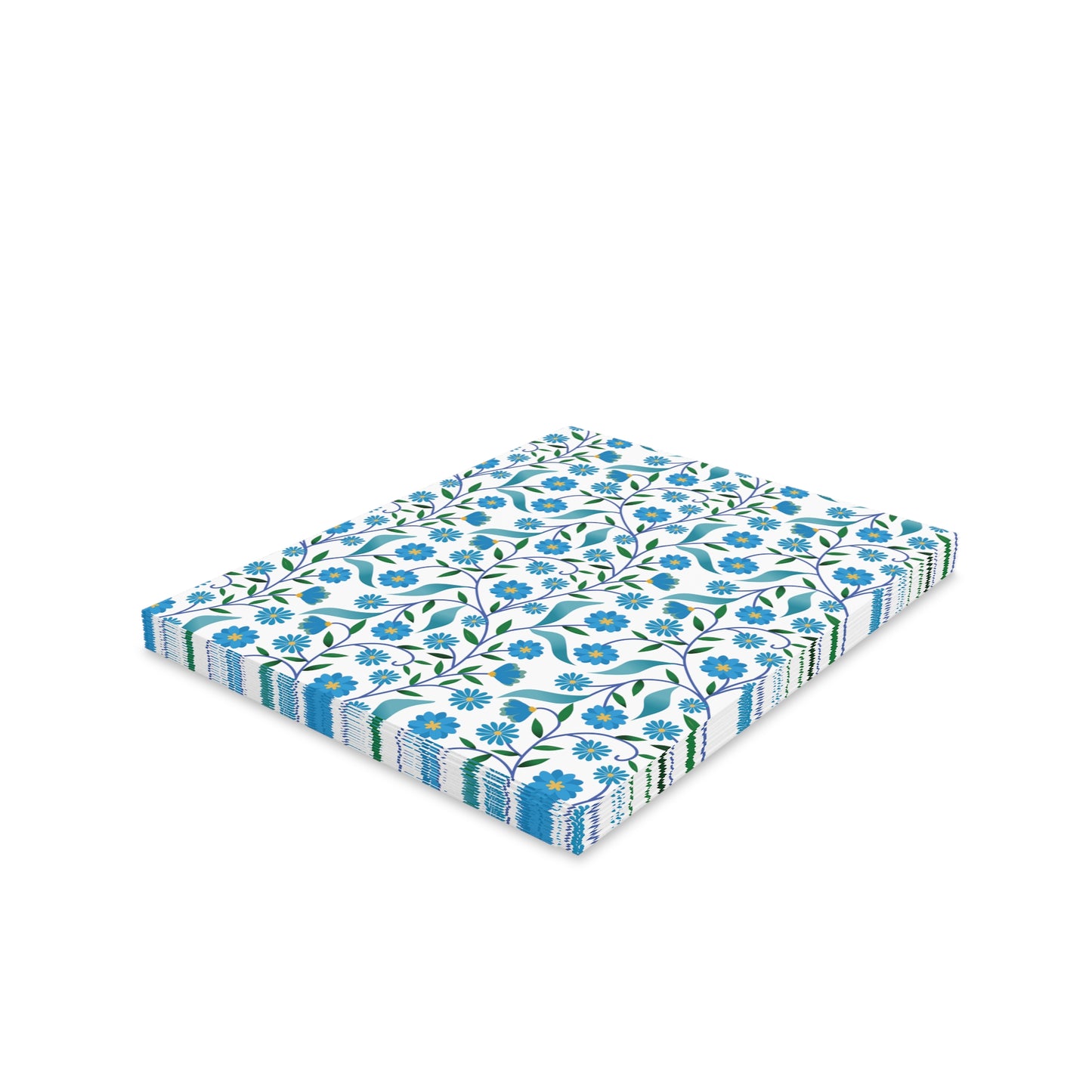 Floral Greeting Cards — Pack of 8/16/24, showcasing neatly stacked decorative paper napkins with a blue-flower and green-vine pattern, reflecting FireBrook Designs' uplifting, joyful essence.
