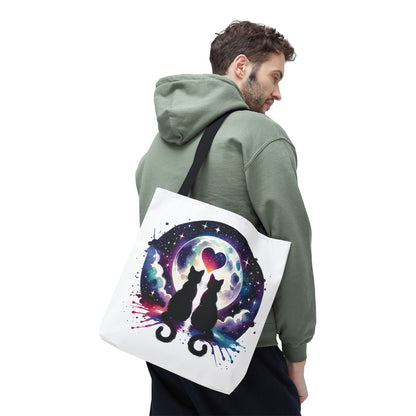 Copy of Cat Lovers Under the Moon Tote Bag, designed for cat enthusiasts, features a durable polyester body with reinforced handles, ideal for carrying essentials stylishly. Available in multiple sizes for versatile use.