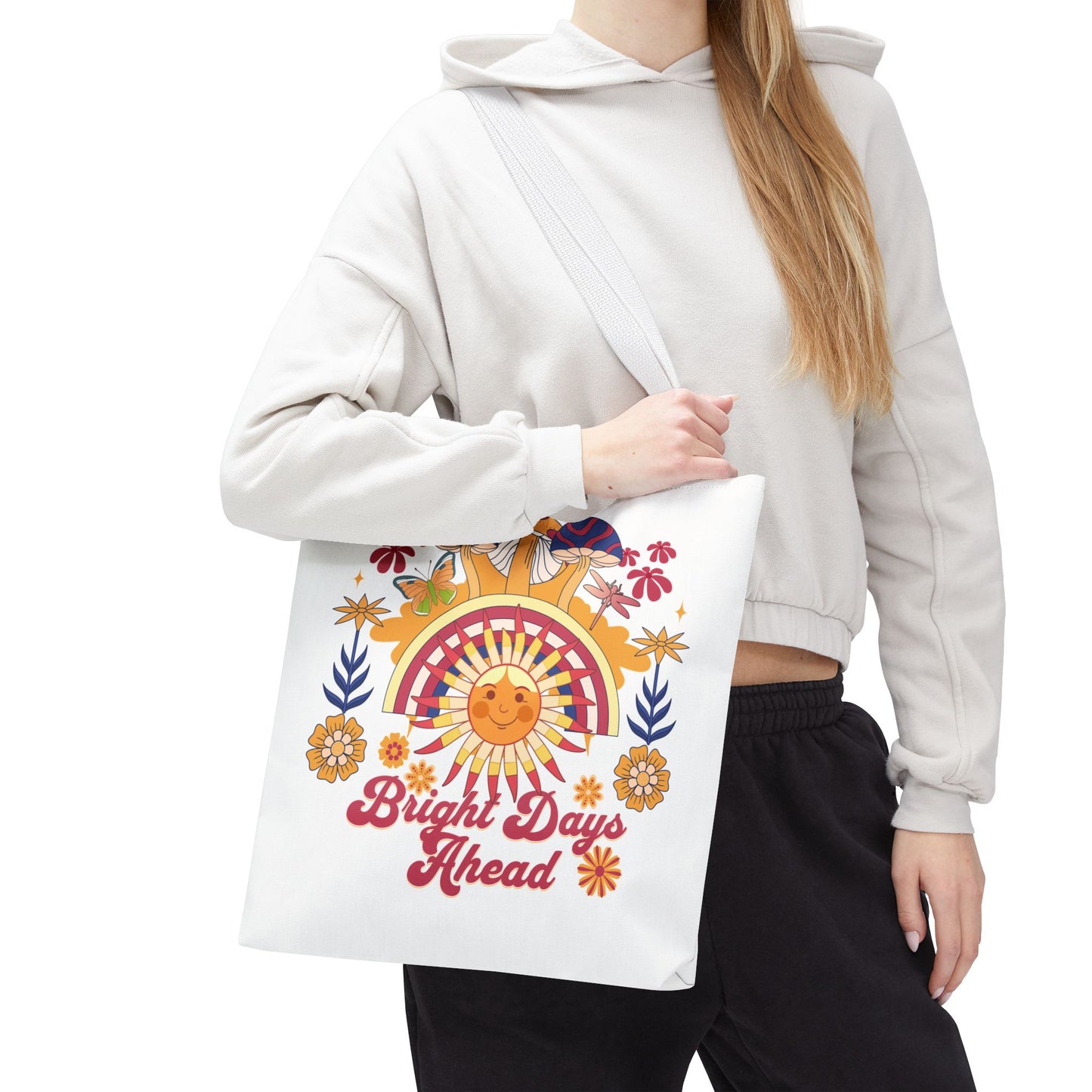 Bright Days Ahead Sunshine Floral Tote Bag featuring cheerful sunshine, flowers, and butterflies. Ideal for sunny outings, this durable, stylish bag epitomizes FireBrook Essentials' uplifting design ethos for joyful adventures.