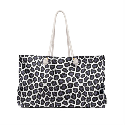 Weekender Bag - Gray Cheetah Print Duffle Bag, featuring a stylish cheetah pattern, durable spun polyester fabric, rope handles, and spacious design, ideal for fashionable travelers seeking practicality and flair.