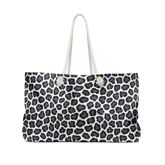 Weekender Bag - Gray Cheetah Print Duffle Bag, featuring a stylish cheetah pattern, durable spun polyester fabric, rope handles, and spacious design, ideal for fashionable travelers seeking practicality and flair.