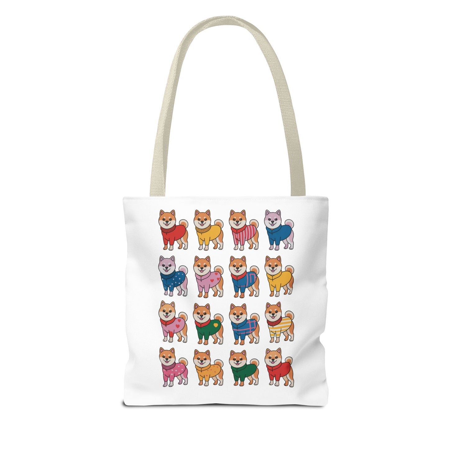 Shiba Inu Grid Tote Bag with Colorful Outfits showcasing playful Shiba Inus in unique attire, ideal for adding whimsy to daily errands, crafted for durability with reinforced stitching and polyester fabric.