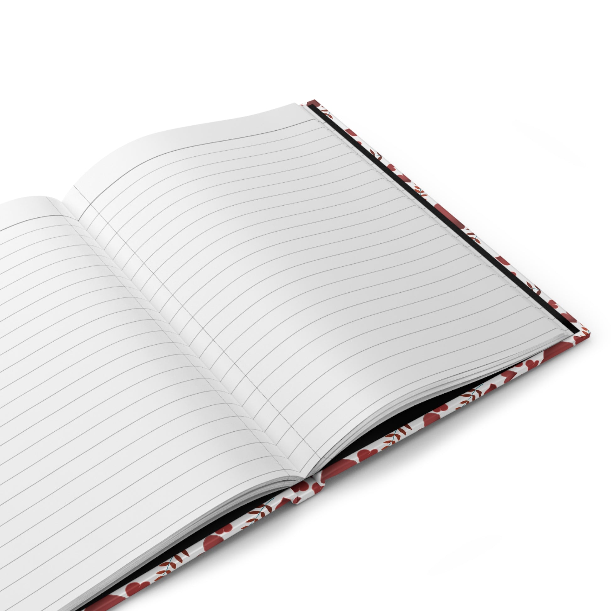 HARDCOVER JOURNAL, MATTE, RULED, 5X7, SEWN BIND, CLEAN-TEAR PAGES – HEARTS: Open, showing blank, lined pages with a red-and-white floral edge, ideal for capturing thoughts with style and ease.