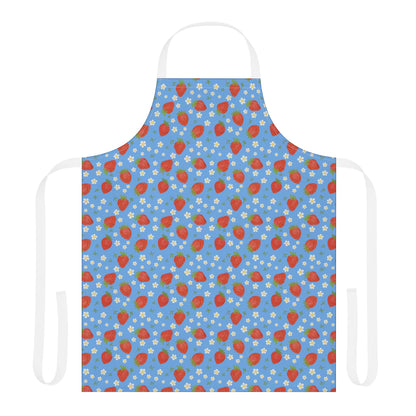 Apron, Strawberry 5-Color Straps: A stylish blue apron adorned with vibrant red strawberries and white flowers, perfect for cooking or crafting, offering comfort and stain-free protection. Ideal for gifting and everyday use.