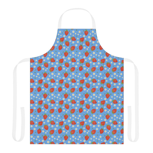 Apron, Strawberry 5-Color Straps: A stylish blue apron adorned with vibrant red strawberries and white flowers, perfect for cooking or crafting, offering comfort and stain-free protection. Ideal for gifting and everyday use.