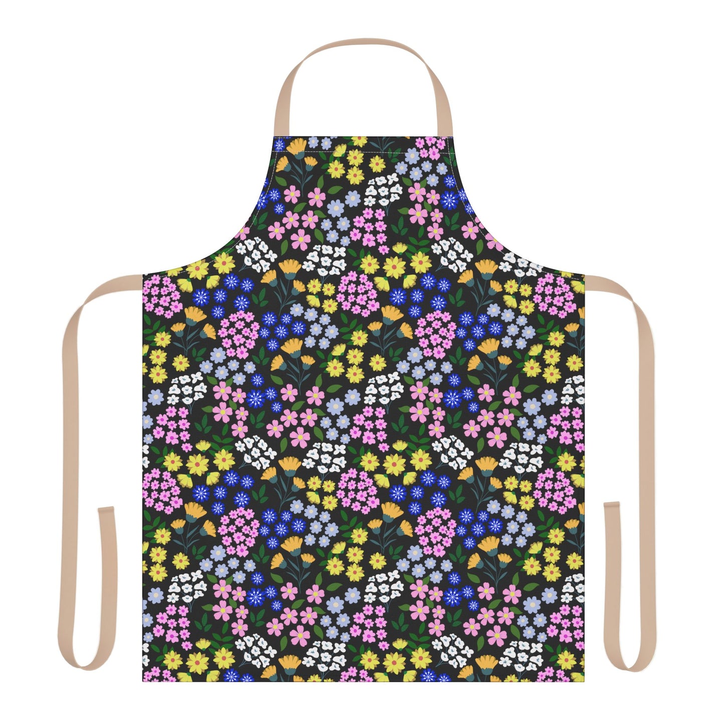 Apron Floral Design: A stylish kitchen apron with a vibrant floral pattern on black, featuring beige straps. Made from soft polyester canvas, it's perfect for baking or crafting. Designed by FireBrook Essentials for comfort and joy.