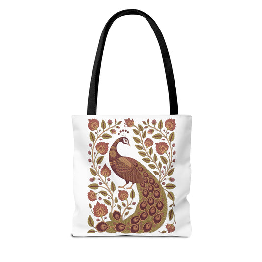 Peacock Tote Bag with Floral Vines and Paisley Motifs showcases a central peacock amidst intricate floral and paisley designs, embodying elegance and nature-inspired charm from FireBrook Designs. Perfect for everyday use.