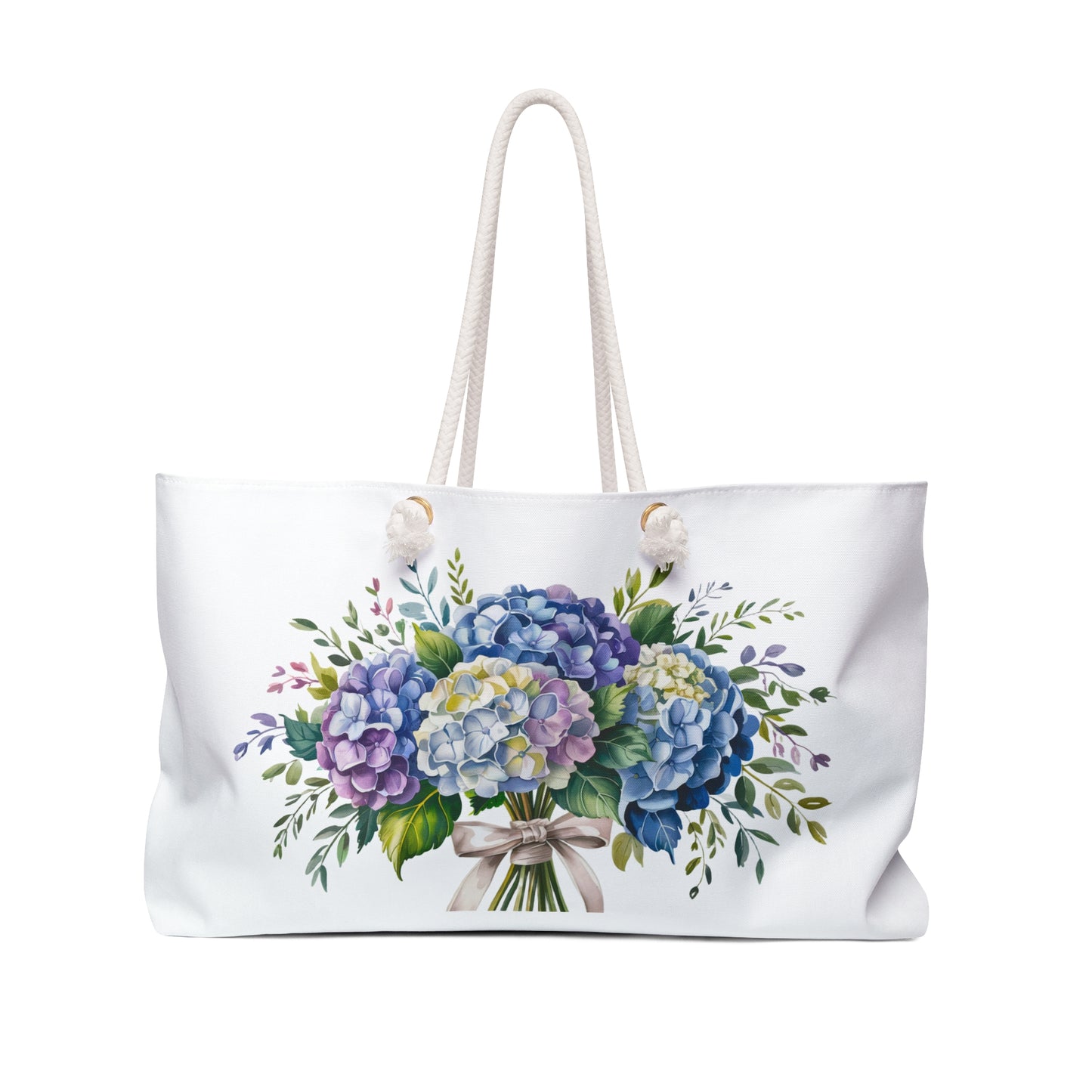 Weekender Bag - Hydrangea Bouquet: A stylish shoulder bag adorned with a detailed hydrangea bouquet design, featuring rope handles and a generous size, perfect for chic, functional travel.