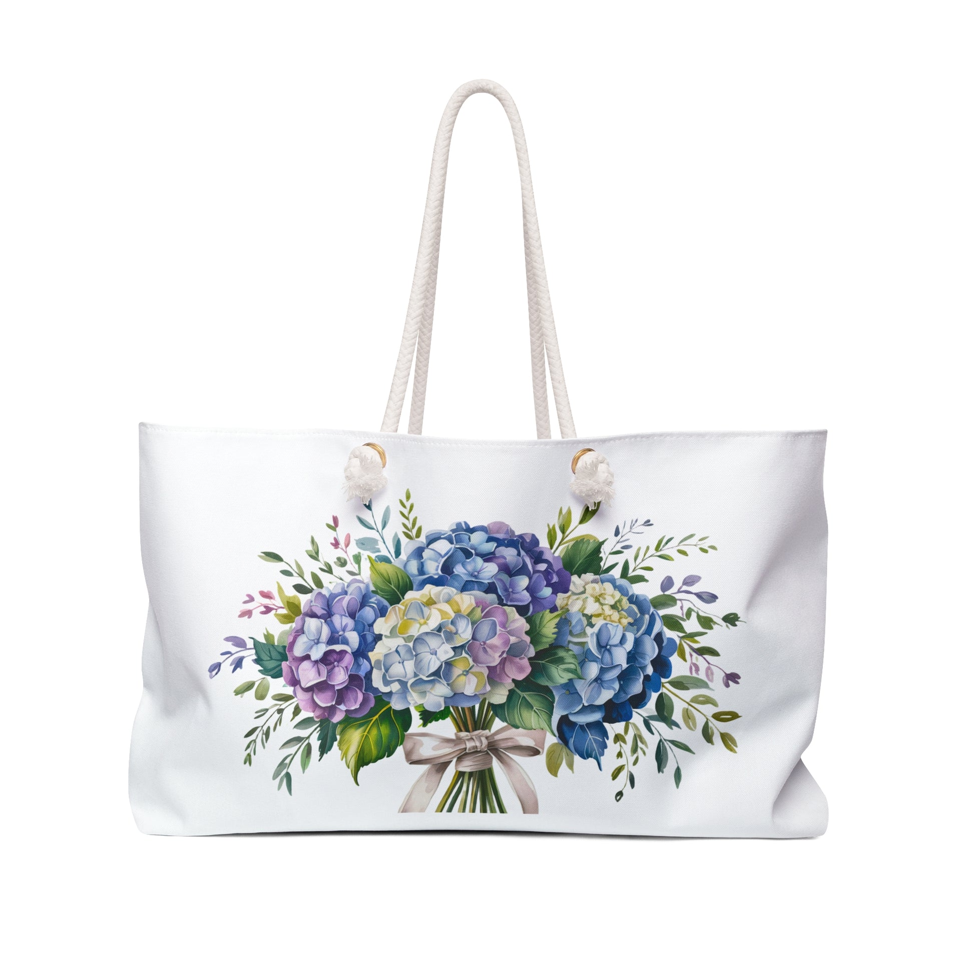 Weekender Bag - Hydrangea Bouquet: A stylish shoulder bag adorned with a detailed hydrangea bouquet design, featuring rope handles and a generous size, perfect for chic, functional travel.
