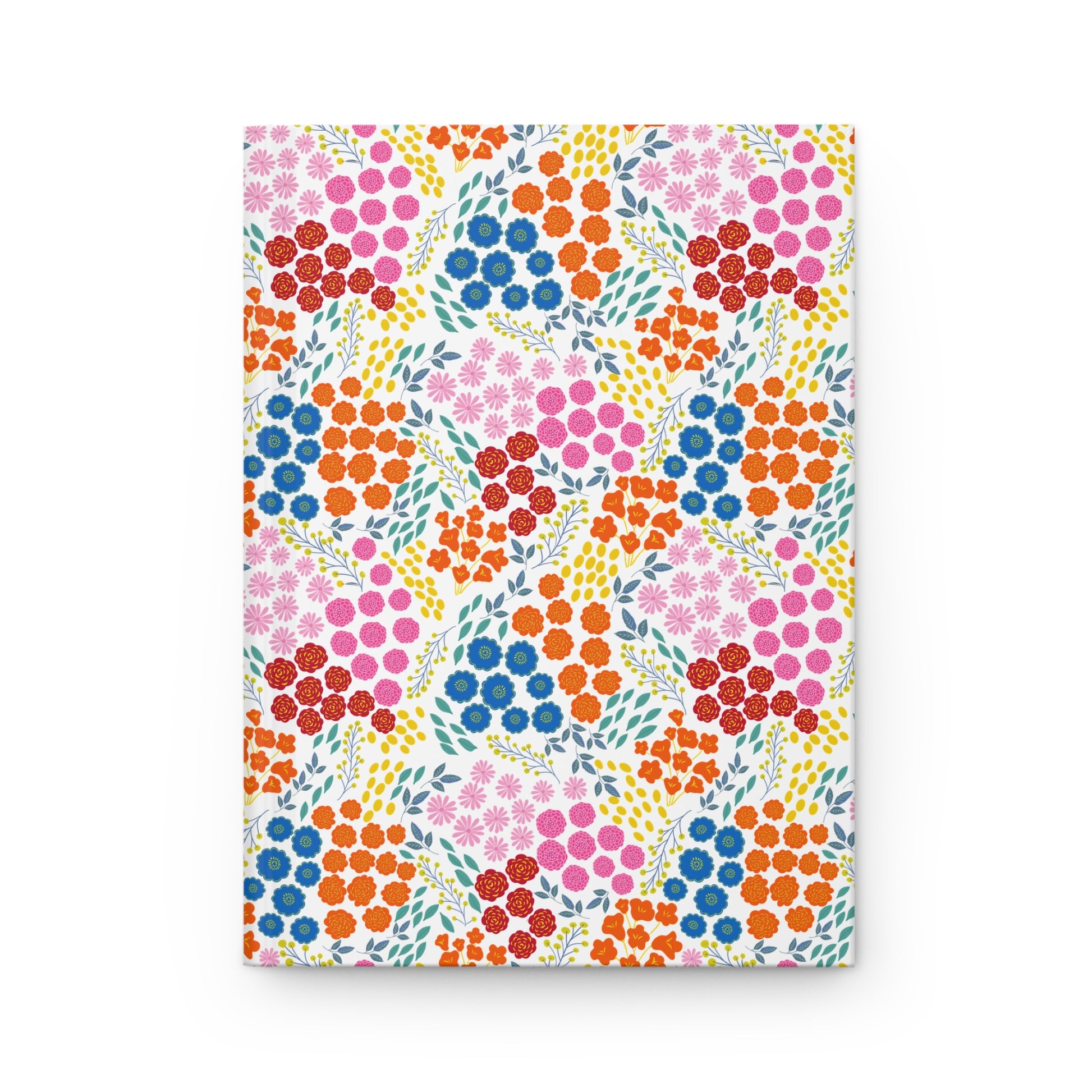 HARDCOVER JOURNAL, MATTE, RULED, 5X7, SEWN BIND, CLEAN-TEAR PAGES – FLORAL MOSAIC featuring a vibrant, geometric floral pattern with stylized blooms and leafy sprigs, offering durable, cheerful writing space.
