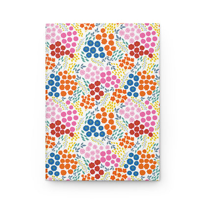 HARDCOVER JOURNAL, MATTE, RULED, 5X7, SEWN BIND, CLEAN-TEAR PAGES – FLORAL MOSAIC featuring a vibrant, geometric floral pattern with stylized blooms and leafy sprigs, offering durable, cheerful writing space.