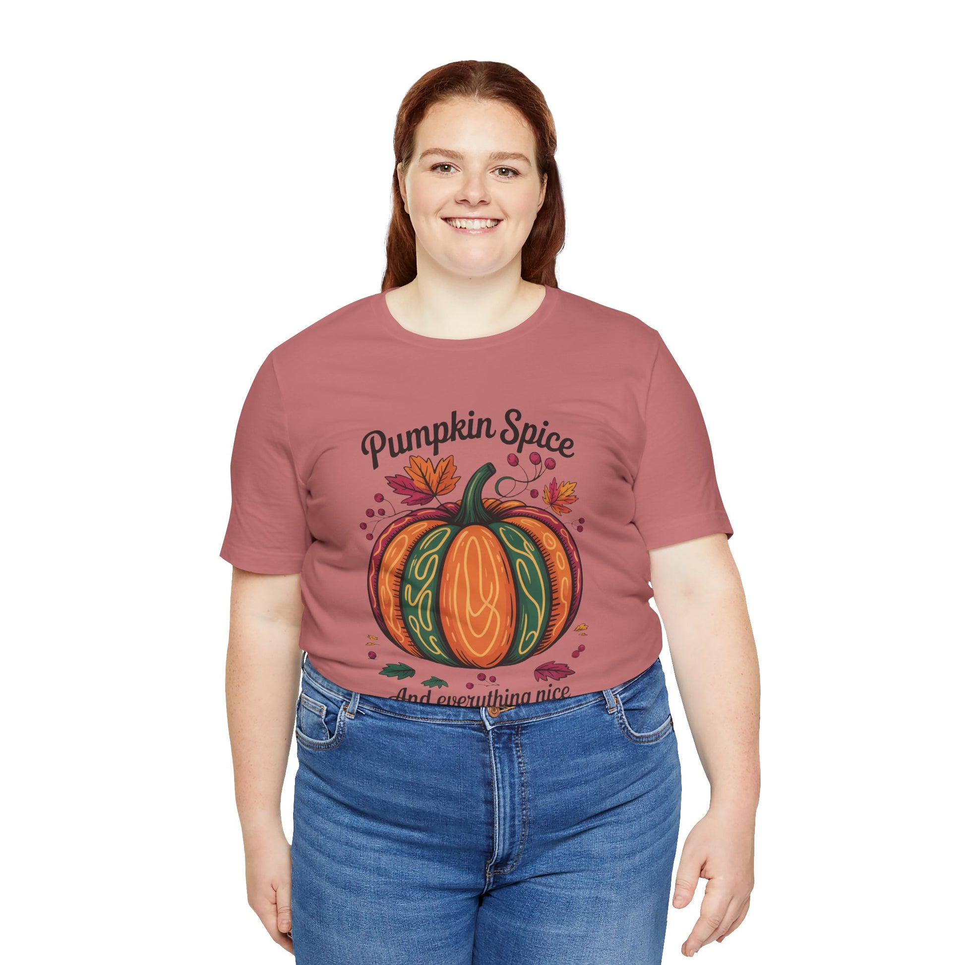 Pumpkin Spice and Everything Nice Fall Thanksgiving Bella+Canvas Unisex T-Shirt, featuring cozy autumn-themed text design, capturing a warm, festive vibe. Ideal for celebrating fall, available at FireBrook Essentials.