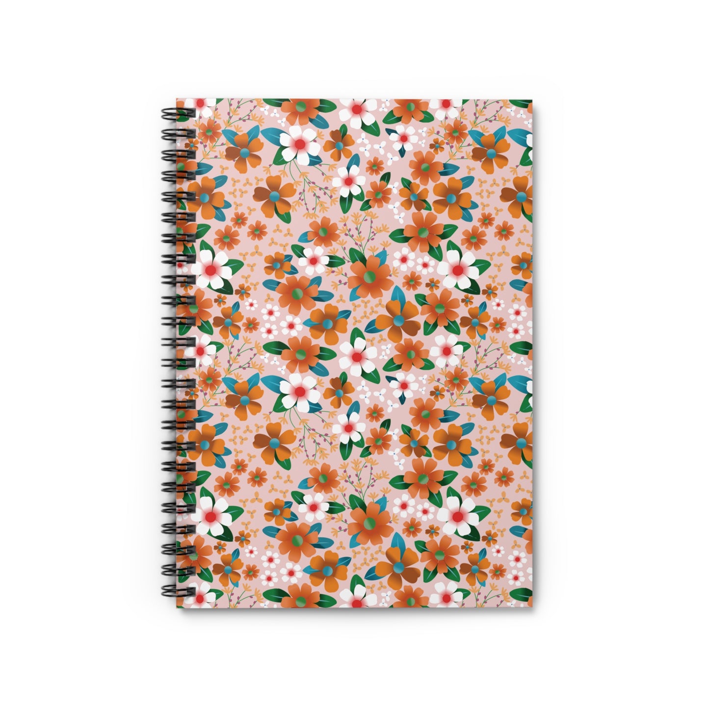 Floral Spiral Notebook featuring vibrant orange and white flowers with green leaves on a blush-pink cover, designed for creativity and organization. Ideal for students and professionals seeking joyful, stylish stationery.