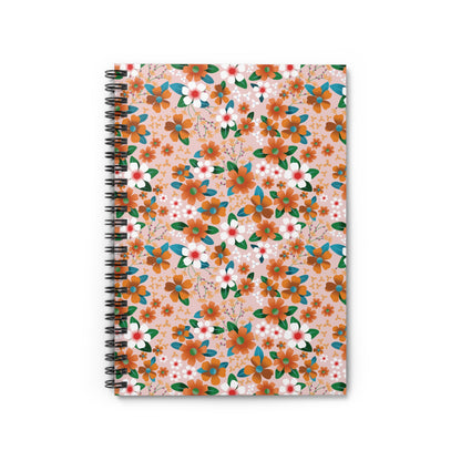 Floral Spiral Notebook featuring vibrant orange and white flowers with green leaves on a blush-pink cover, designed for creativity and organization. Ideal for students and professionals seeking joyful, stylish stationery.