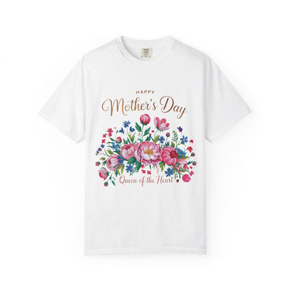 Happy Mother's Day Queen of the Heart T-Shirt displaying a classic crew neckline and comfy fit, crafted from high-quality US cotton with durable double-needle stitching, perfect for celebrating mother figures.