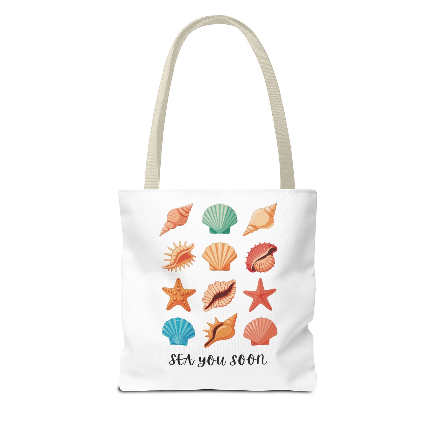 Sea You Soon Sea Shells Tote Bag featuring a beachy design with seashells, ideal for ocean lovers. Crafted from durable polyester with reinforced handles, perfect for summer outings and coastal living.
