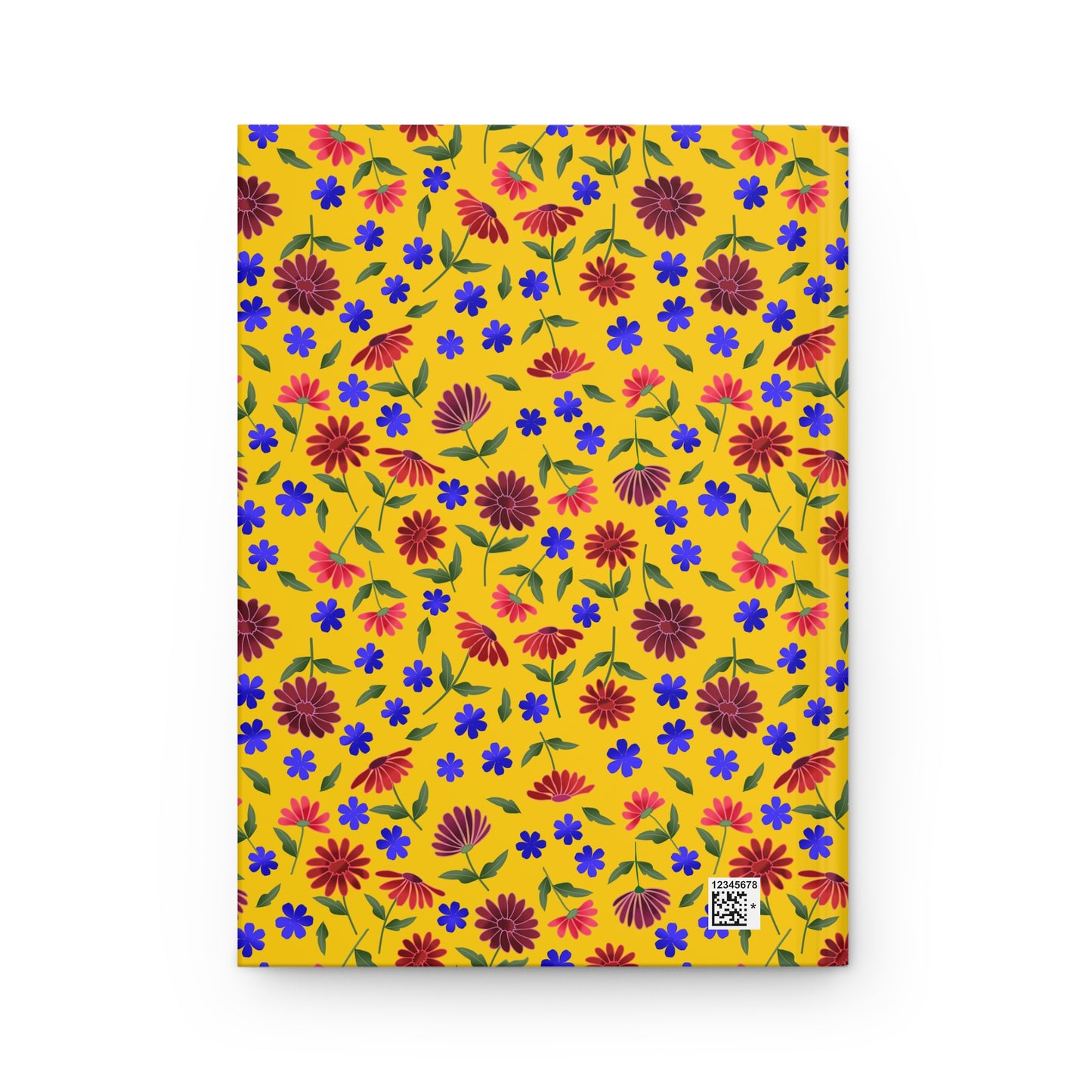 Floral Pattern Hardcover Journal — Bright Yellow Wildflower Notebook features a vibrant mustard-yellow cover with hand-drawn red, pink, and blue flowers. A small barcode blends into the cheerful design.