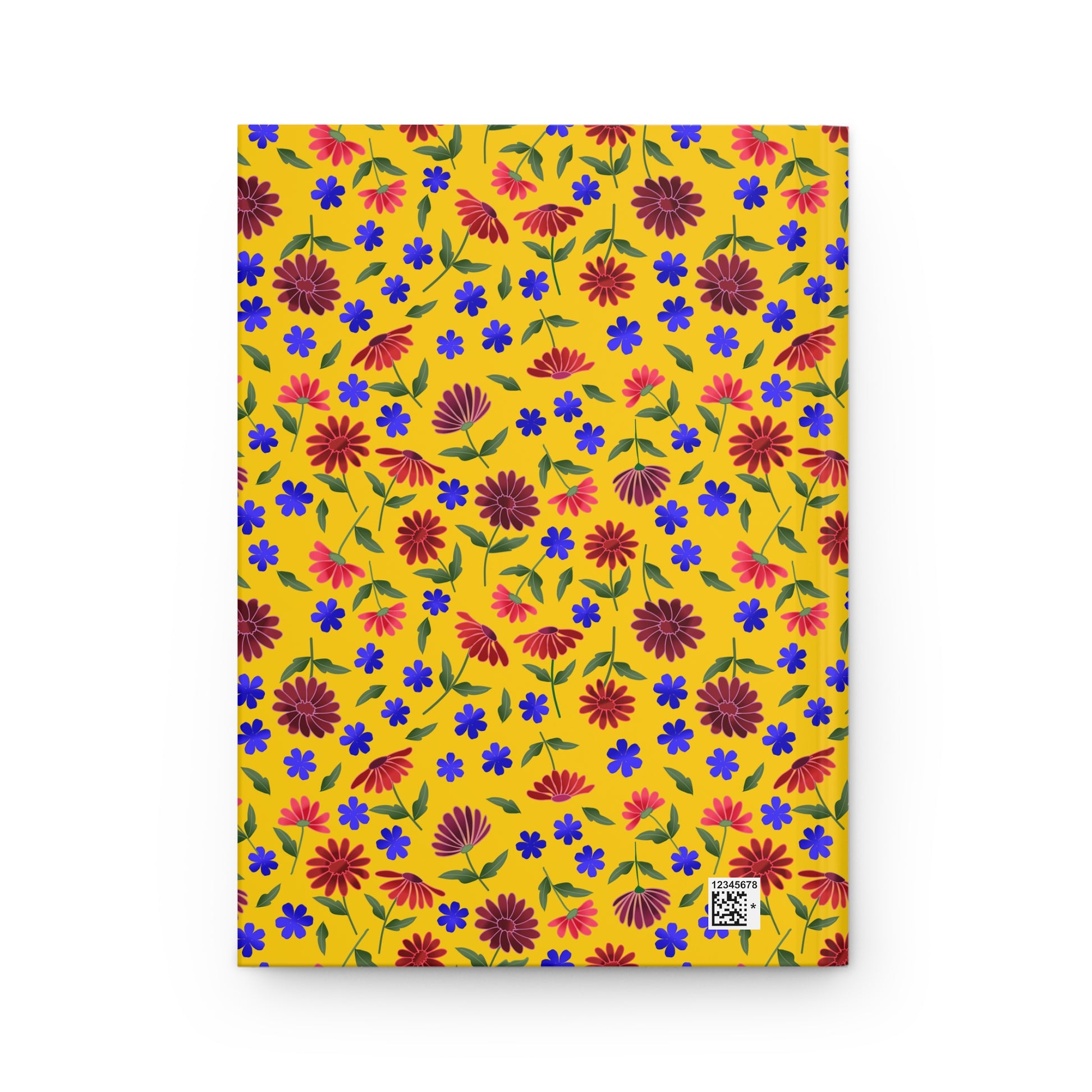 Floral Pattern Hardcover Journal — Bright Yellow Wildflower Notebook features a vibrant mustard-yellow cover with hand-drawn red, pink, and blue flowers. A small barcode blends into the cheerful design.
