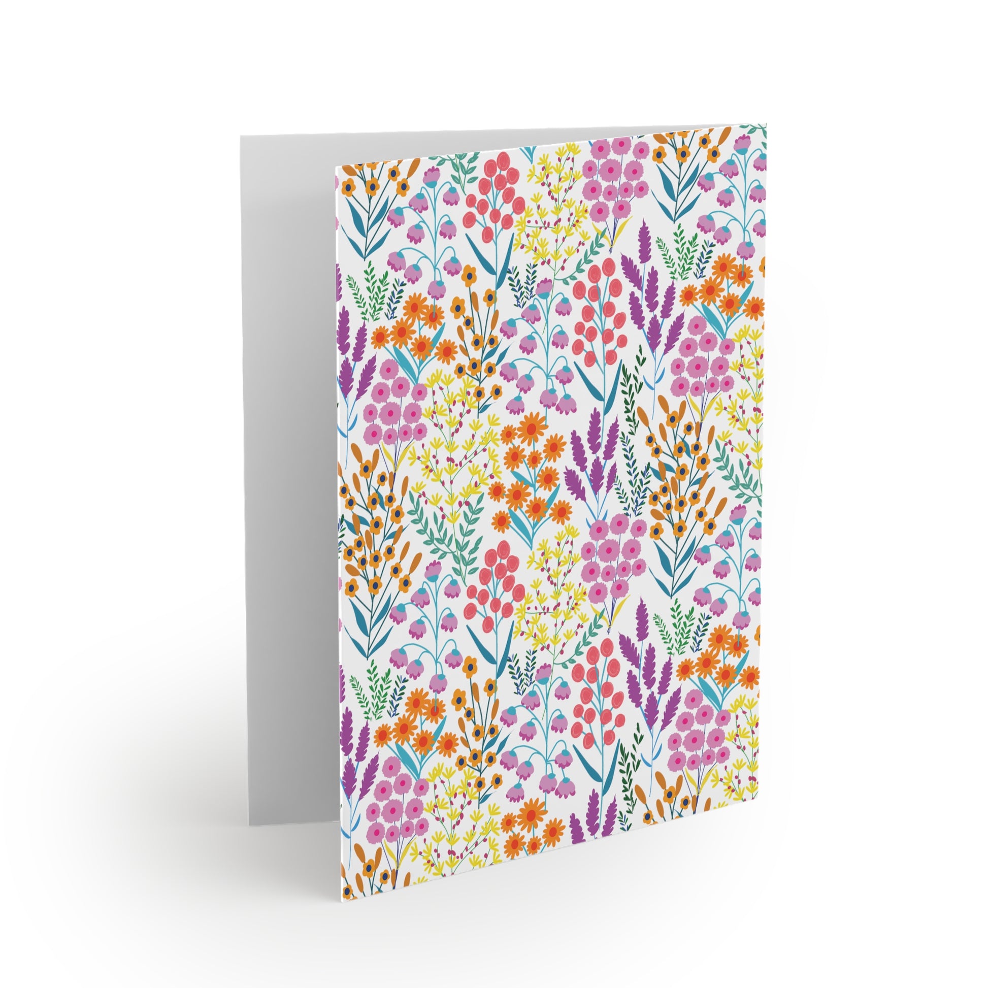 Floral Wildflower Greeting Cards — Pack of 8/16/24 features vibrant, hand-drawn wildflowers on a white matte background, blank inside for personalized messages, ideal for uplifting, joyful notes from FireBrook Designs.