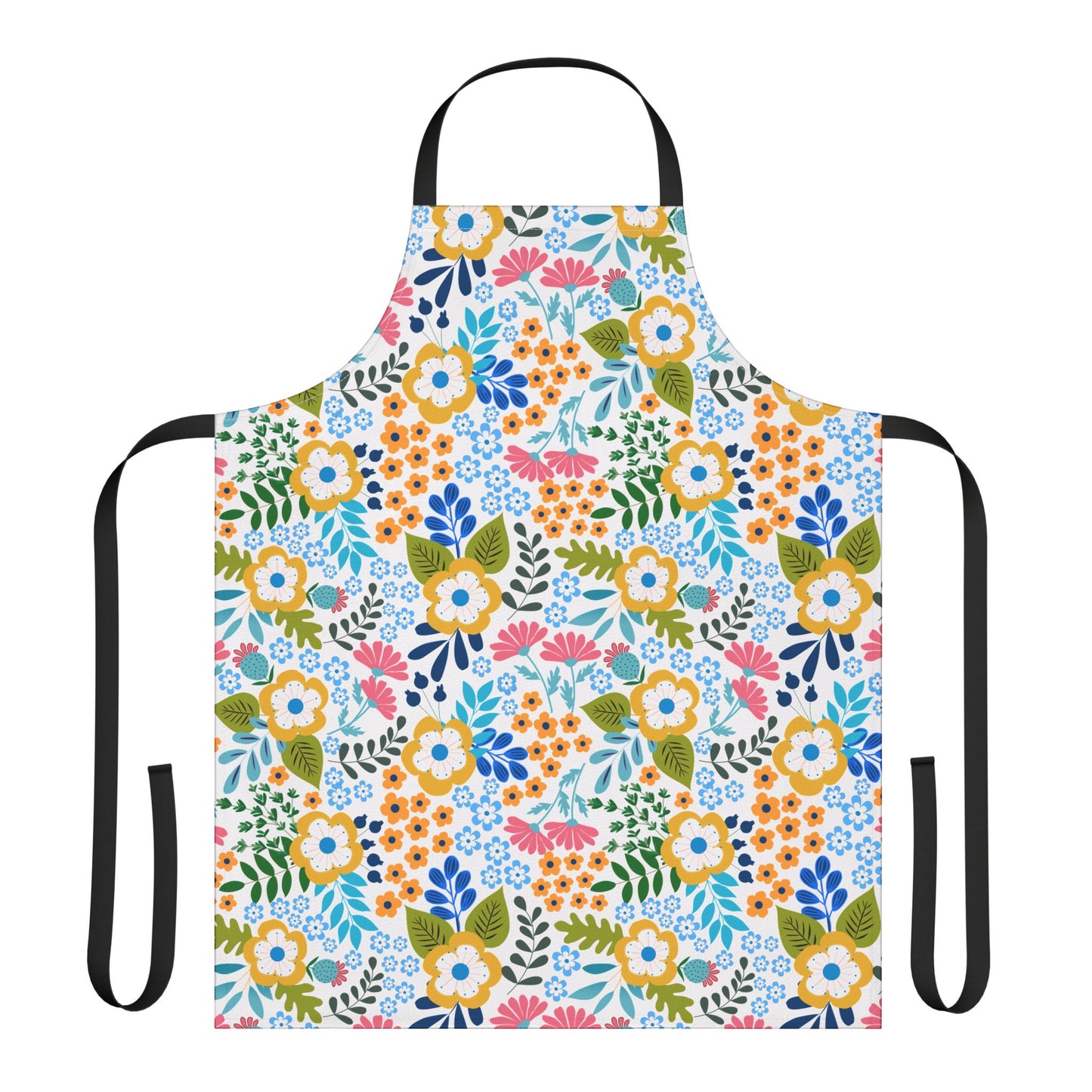 Floral Apron features a vibrant, stylized floral pattern with black straps, ideal for cooking or crafting. Made from 100% polyester canvas, it combines comfort with a splash of color.