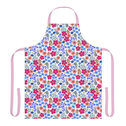 Apron Floral Design by FireBrook Essentials features a vibrant floral pattern with pink neck loop and ties, crafted from stain-free polyester canvas for comfort and style, perfect for cooking or crafting.