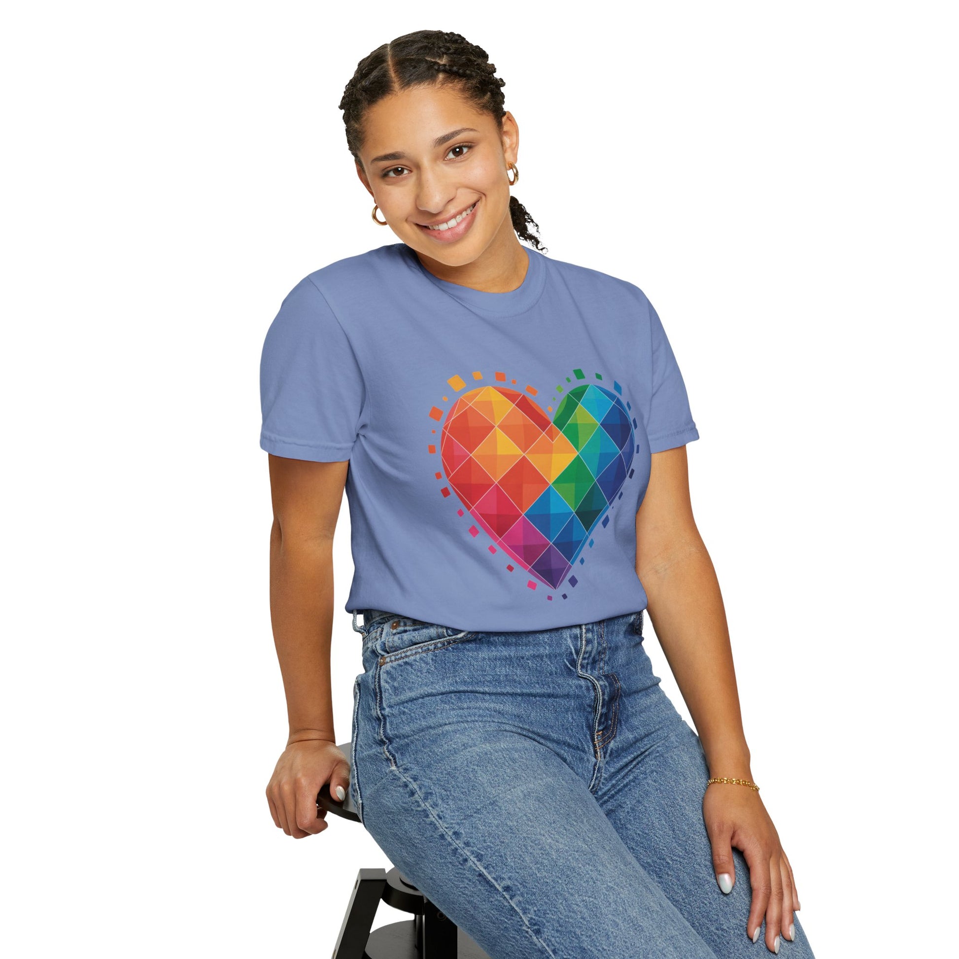 Rainbow Geometric Heart T-Shirt featuring a vibrant, layered heart design with overlapping translucent squares, perfect for casual or special occasions. Made with durable, soft US cotton for comfort.