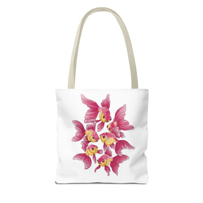 Fish Tote Bag - School of Fish Design: A durable polyester tote depicting a tranquil fish pattern, perfect for marine enthusiasts. Ideal for carrying essentials, with reinforced handles and boxed corners for ample space.