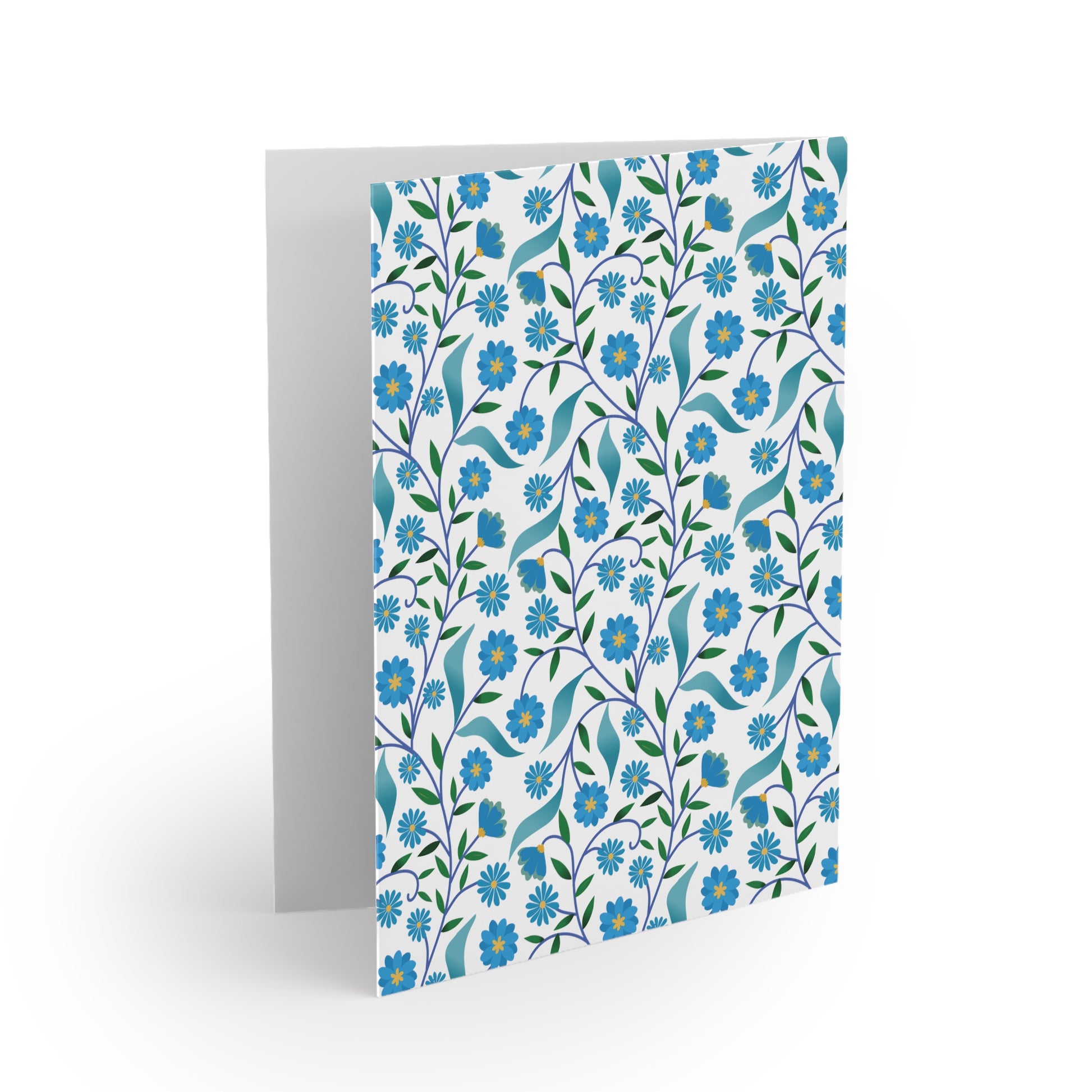 Floral Greeting Cards — Pack of 8/16/24, featuring a vibrant botanical pattern with blue flowers. These matte-finish cards, perfect for personal notes, include a matching white envelope, embodying FireBrook Essentials' joy-infused design ethos.