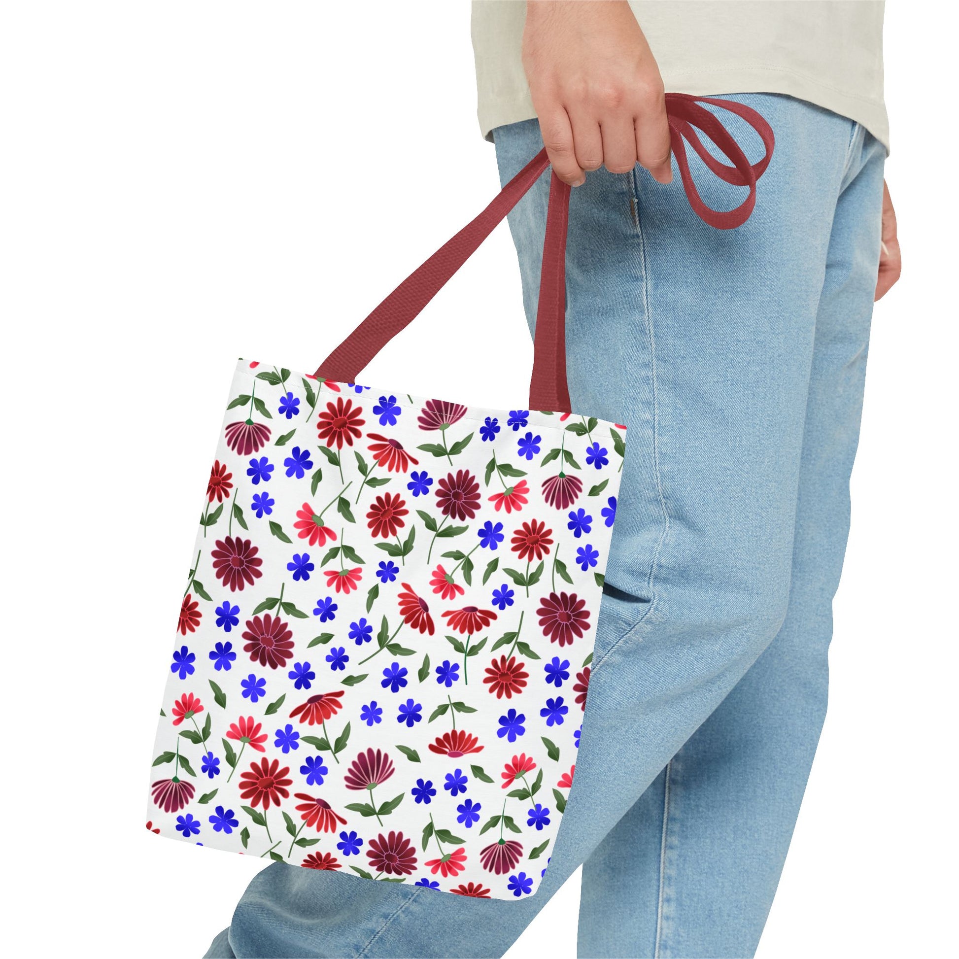 Floral Pattern Tote Bag — Red & Blue Wildflower All-Over Print, showcasing vibrant floral motifs and sturdy dark-red straps, perfect for daily use. The design exudes charm, aligning with FireBrook Designs' uplifting ethos.