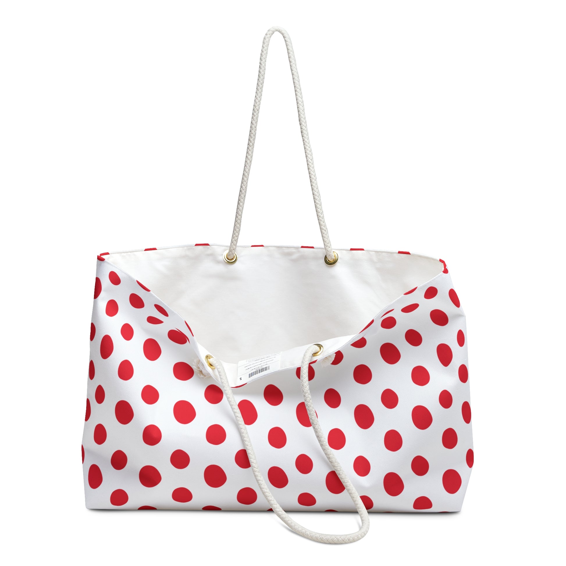 Weekender Bag - Red Polka Dots Travel Tote features playful red polka dots and sturdy rope handles, perfect for stylish weekend trips.