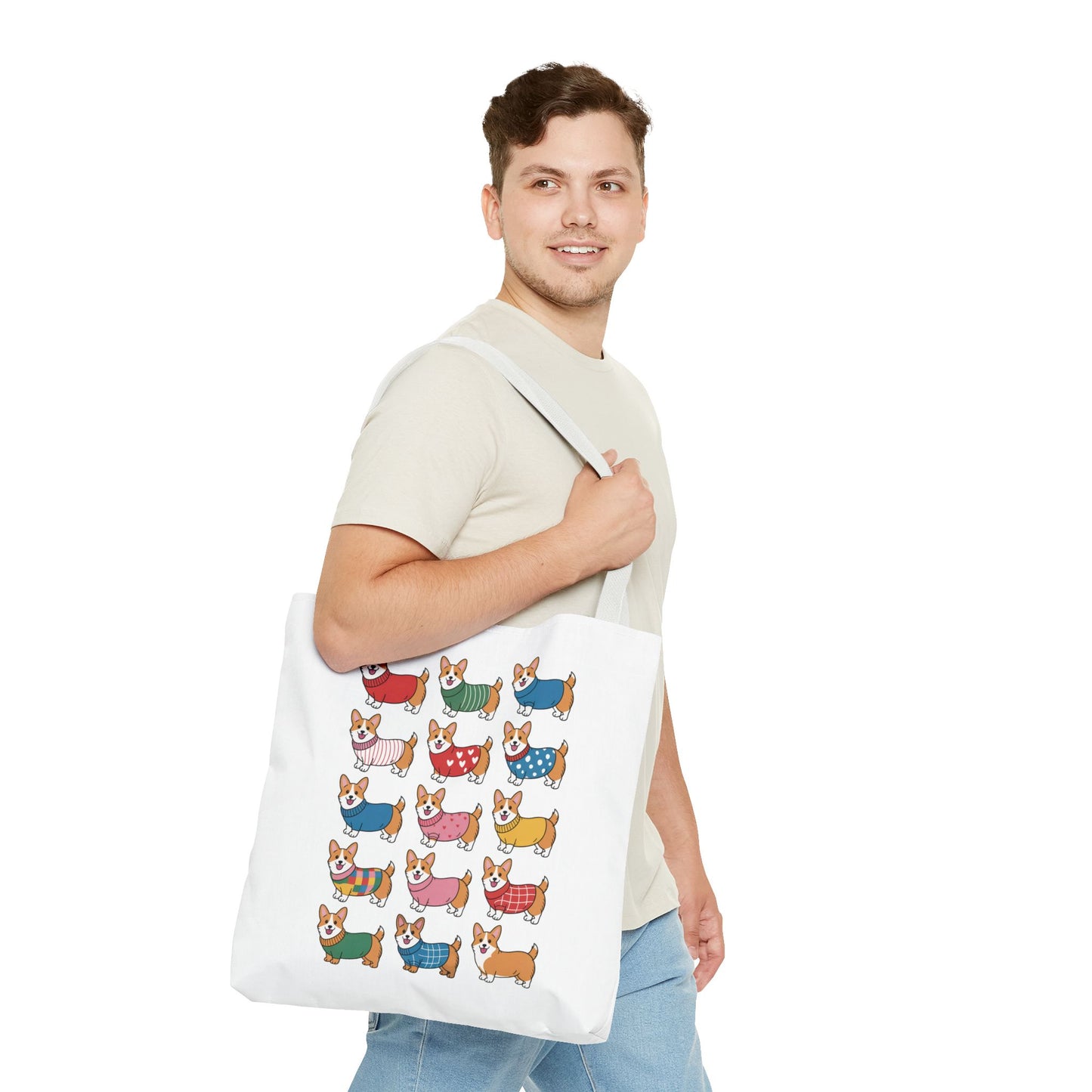 Cheerful Corgi Cartoon Style Dog Lover Tote Bag features adorable Corgis in unique outfits, perfect for dog enthusiasts. Durable polyester with reinforced handles, available in three sizes at FireBrook Essentials.