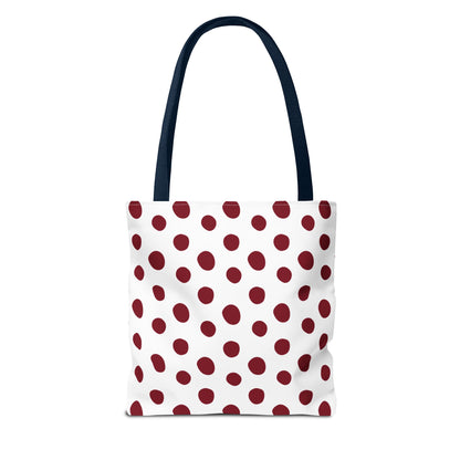 Burgundy Polka Dots Tote Bag featuring a classic design with white and red polka dots, durable polyester fabric, and reinforced handles, perfect for everyday use, enhancing your style from FireBrook Essentials.