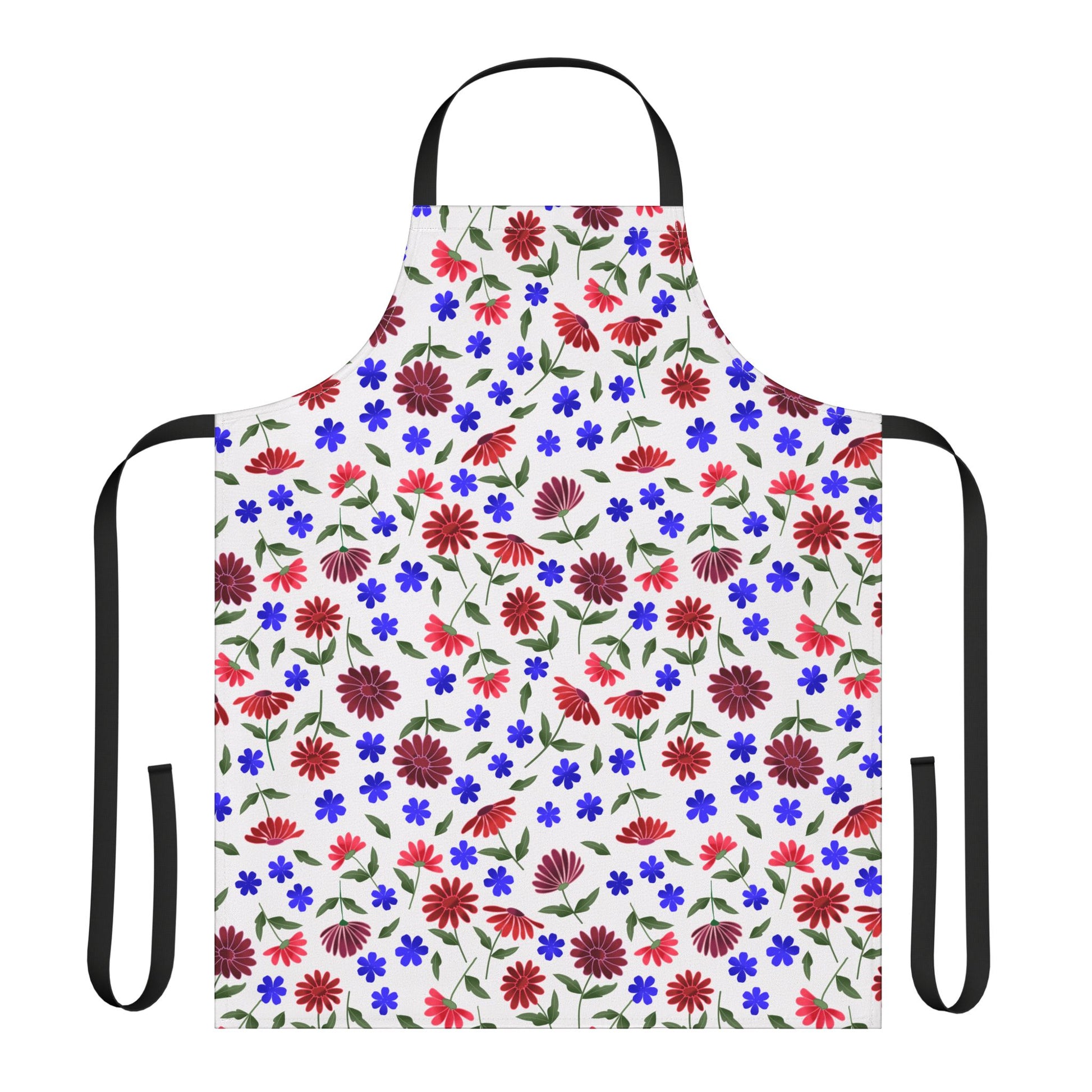 Floral Apron with vibrant red and maroon daisylike blooms, accented by blue flowers and green leaves. Features black neck loop and waist ties, crafted from soft, stain-free polyester canvas for comfort.