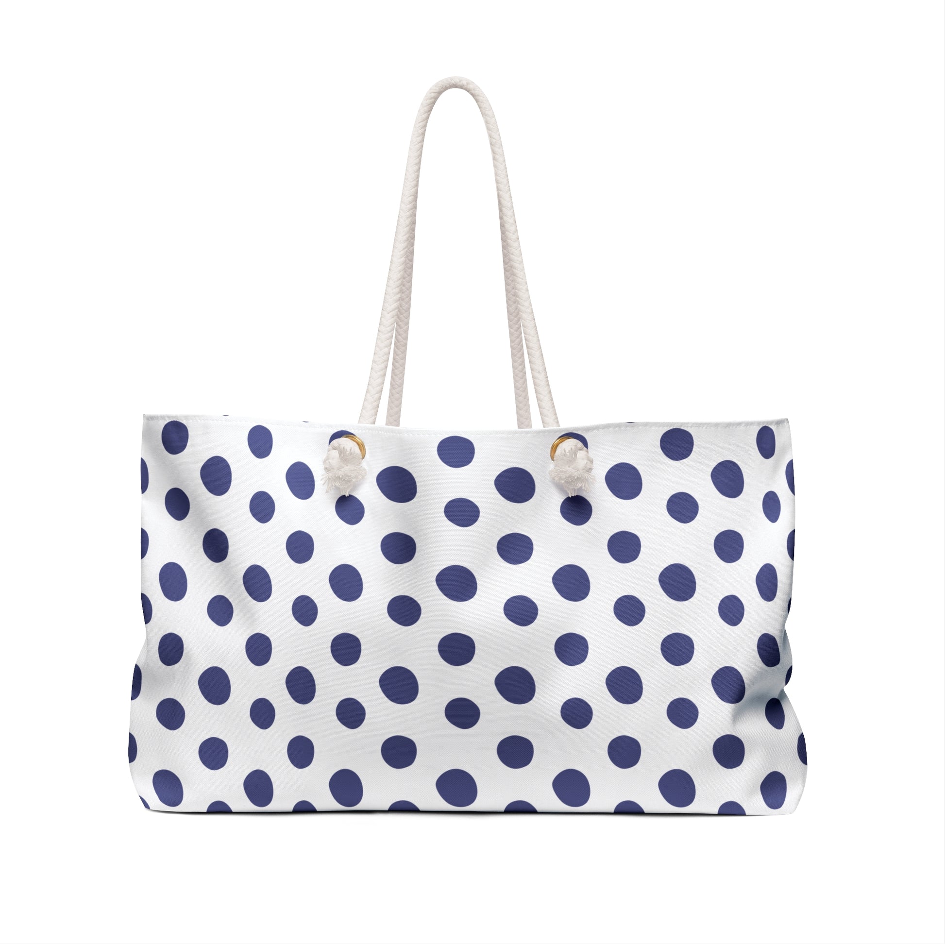 Weekender Bag - Blue Polka Dots Travel Tote: Features a stylish blue polka dot design with white rope handles, offering a spacious interior for essentials, perfect for casual weekend adventures.