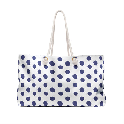 Weekender Bag - Blue Polka Dots Travel Tote: Features a stylish blue polka dot design with white rope handles, offering a spacious interior for essentials, perfect for casual weekend adventures.