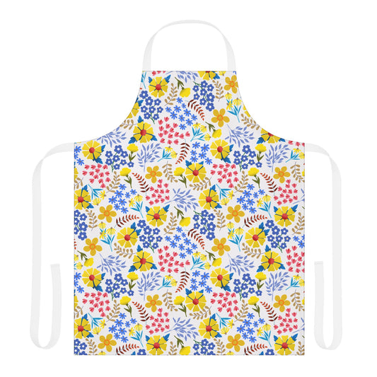 The Apron Floral Design showcases a vibrant, all-over floral pattern on a full-coverage kitchen apron with white ties and neck strap, embodying FireBrook Essentials' commitment to comfort and joyful style.