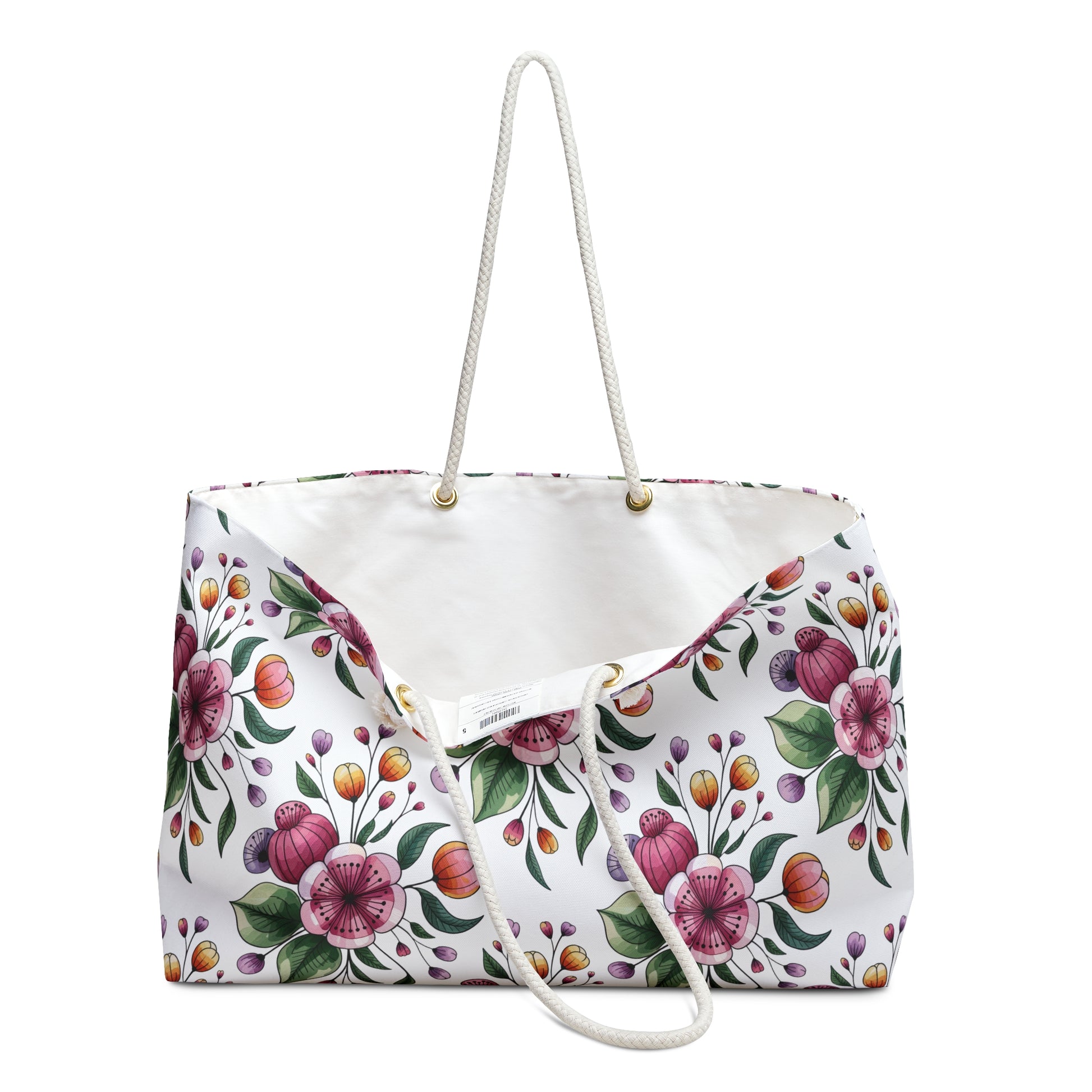 Botanical Weekender Bag featuring a whimsical floral and leaf design, ideal for joyful getaways. Crafted with durable rope handles and a spacious interior, embodying FireBrook Essentials' uplifting aesthetic.