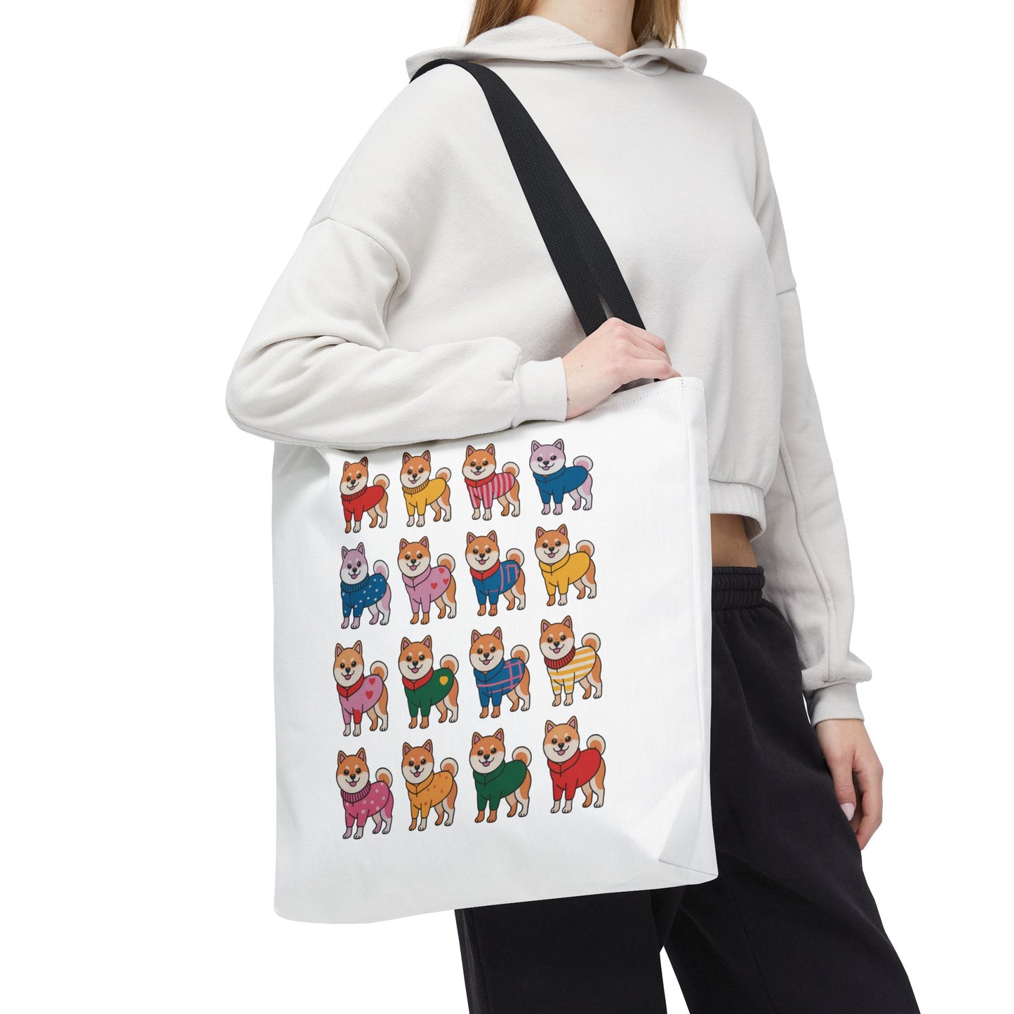 Shiba Inu Grid Tote Bag with Colorful Outfits, showcasing cheerful Shiba Inus in vibrant attire, perfect for adding whimsy to errands. Ideal for dog lovers and fans of cute, colorful accessories.