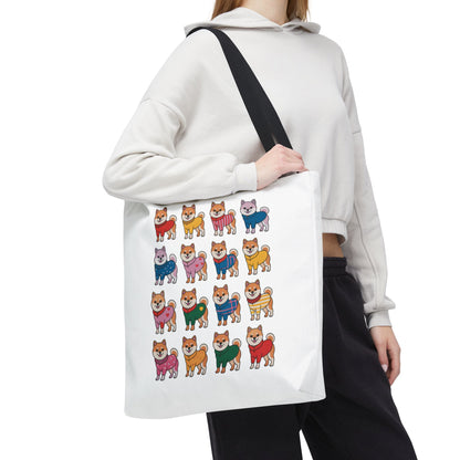 Shiba Inu Grid Tote Bag with Colorful Outfits, showcasing cheerful Shiba Inus in vibrant attire, perfect for adding whimsy to errands. Ideal for dog lovers and fans of cute, colorful accessories.