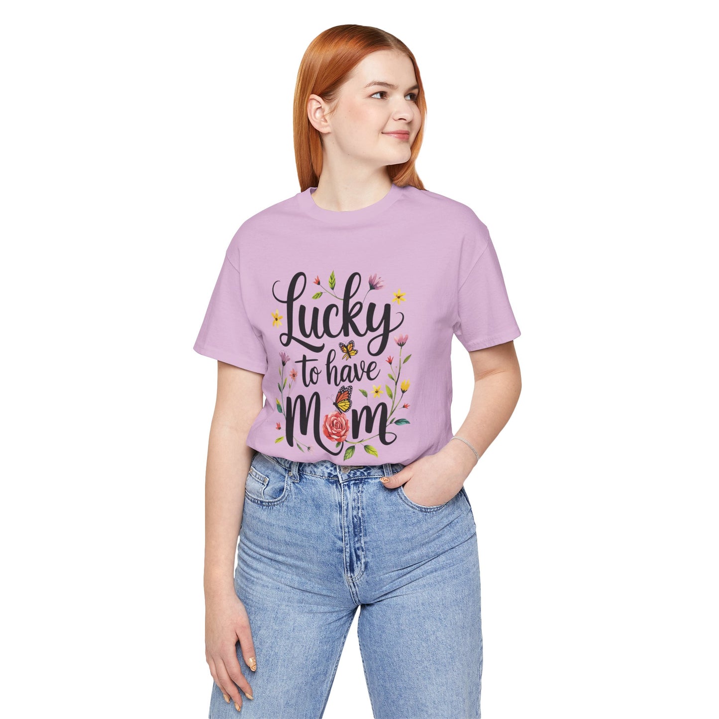 Lucky to Have Mom Mother's Day Bella+Canvas Unisex T-Shirt displayed on a person, showcasing its retail fit and crew neckline, ideal for casual wear, embodying FireBrook Essentials' positive and stylish apparel ethos.