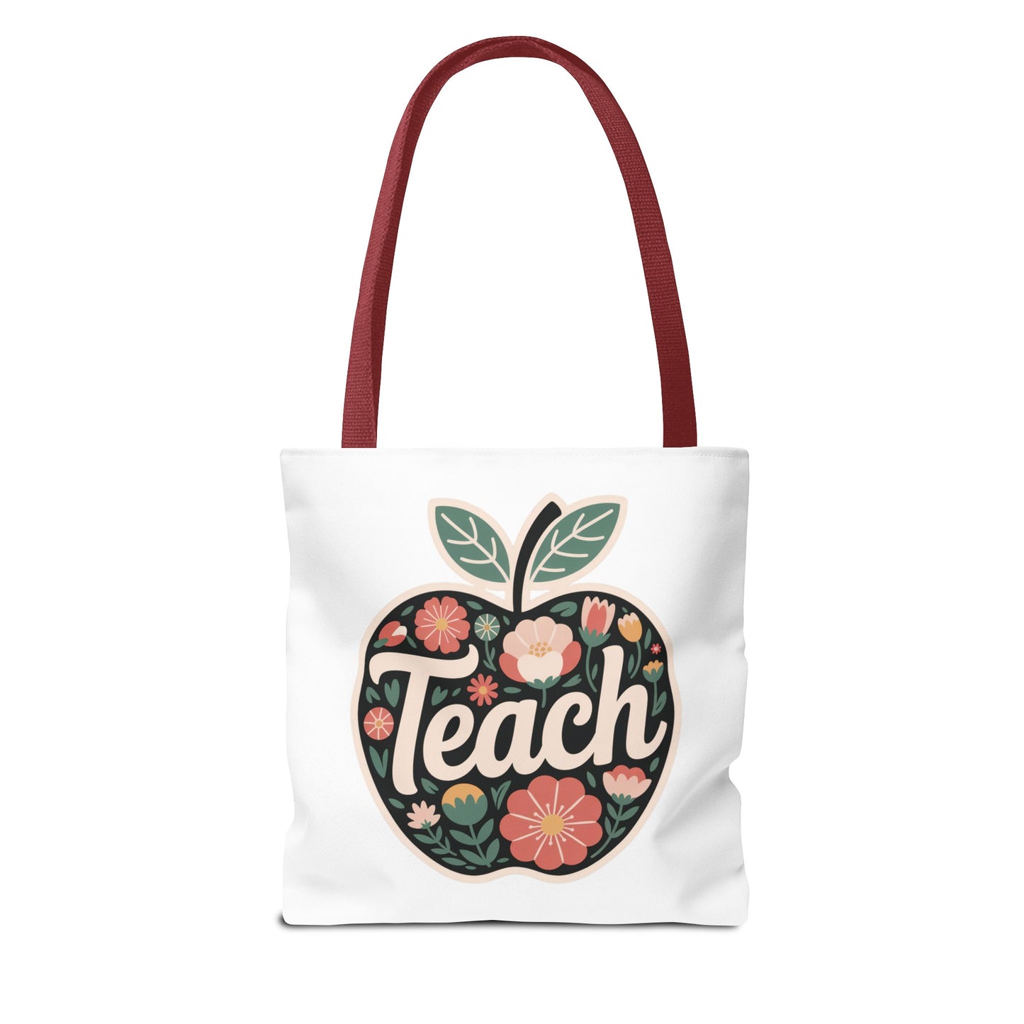 Floral Apple Tote Bag - Hand-Drawn Pastel-Colored Design with 'TEACH', showcasing a cheerful apple shape filled with delicate floral illustrations. Ideal for teachers, crafted from durable polyester with reinforced handles.
