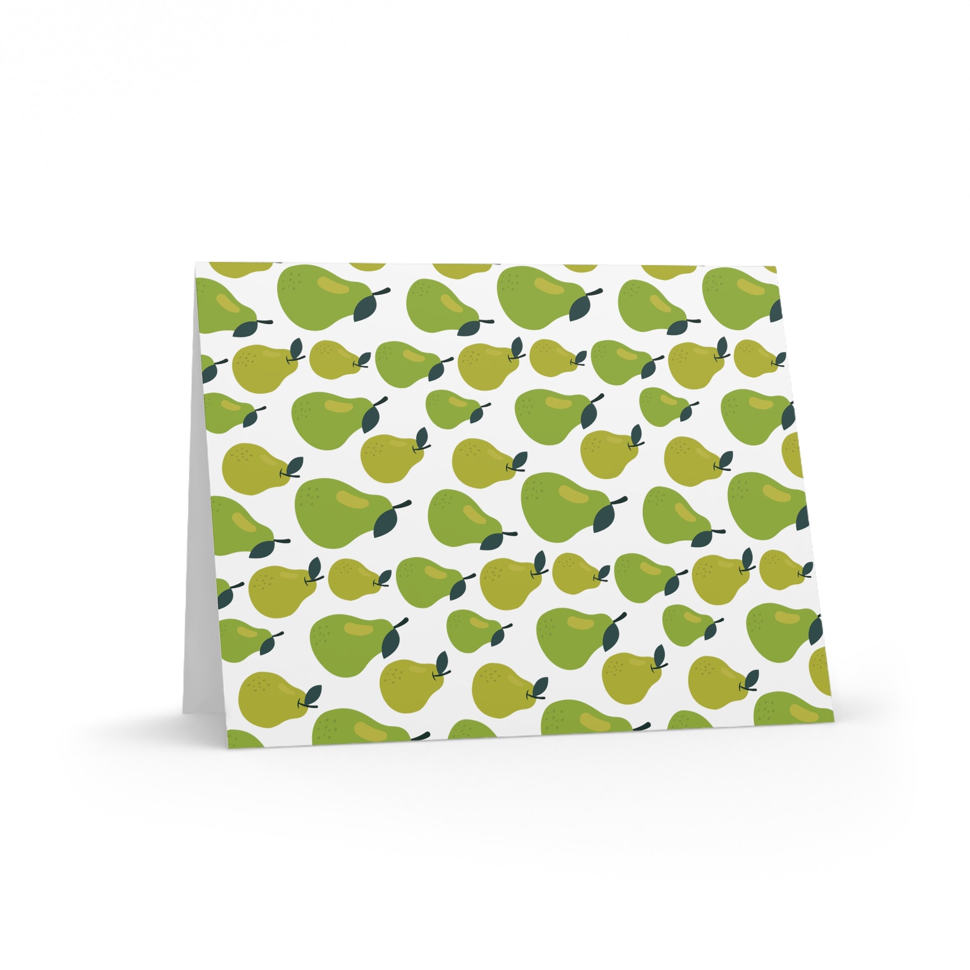 Pear Greeting Cards — Pack of 8/16/24 feature a tent-style design with green pear illustrations on a white background, embodying FireBrook Designs' uplifting aesthetic. Each card includes a matching envelope.